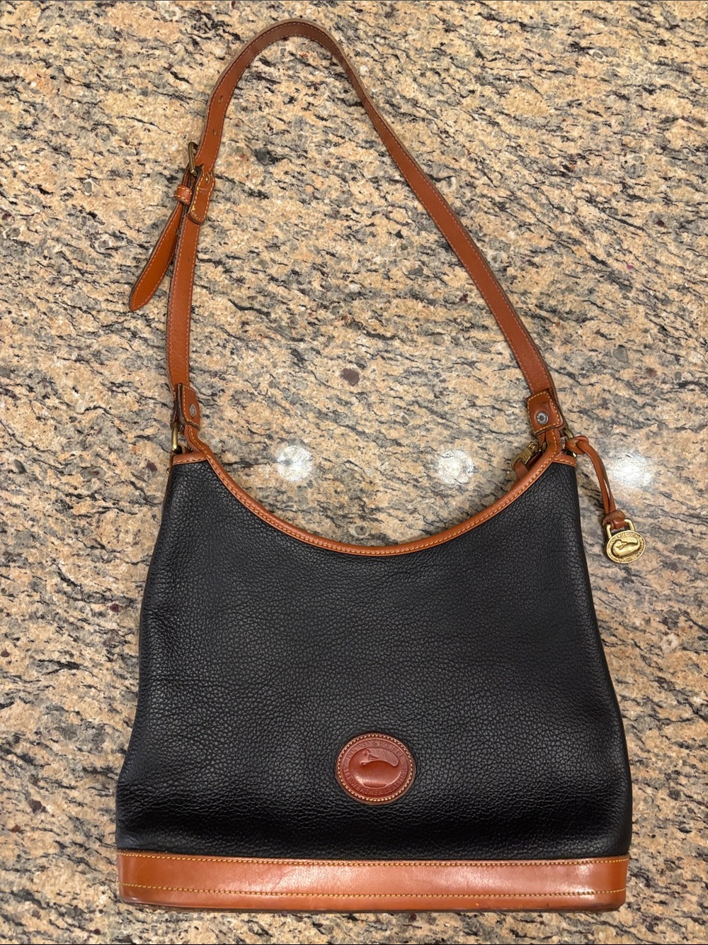 Vintage Dooney & Bourke All Weather Leather Shoulder Bag Black Tan Duck Charm
